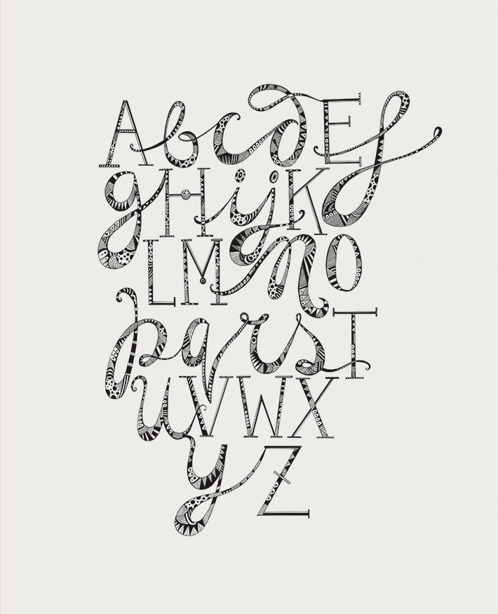 Doodle Alphabet Printable, Lettering print, Black and white Alphabet, Neutral Nursery Alphabet © One Hour A Day by zazdesign